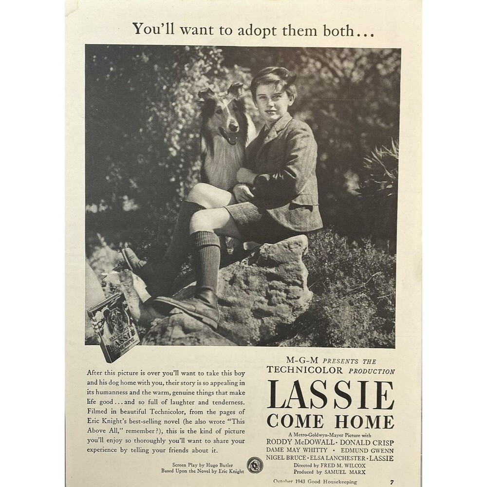 MGM "LASSIE Come Home" Roddy McDowall Donald Crisp Dame May Whitty Print Ad 1943